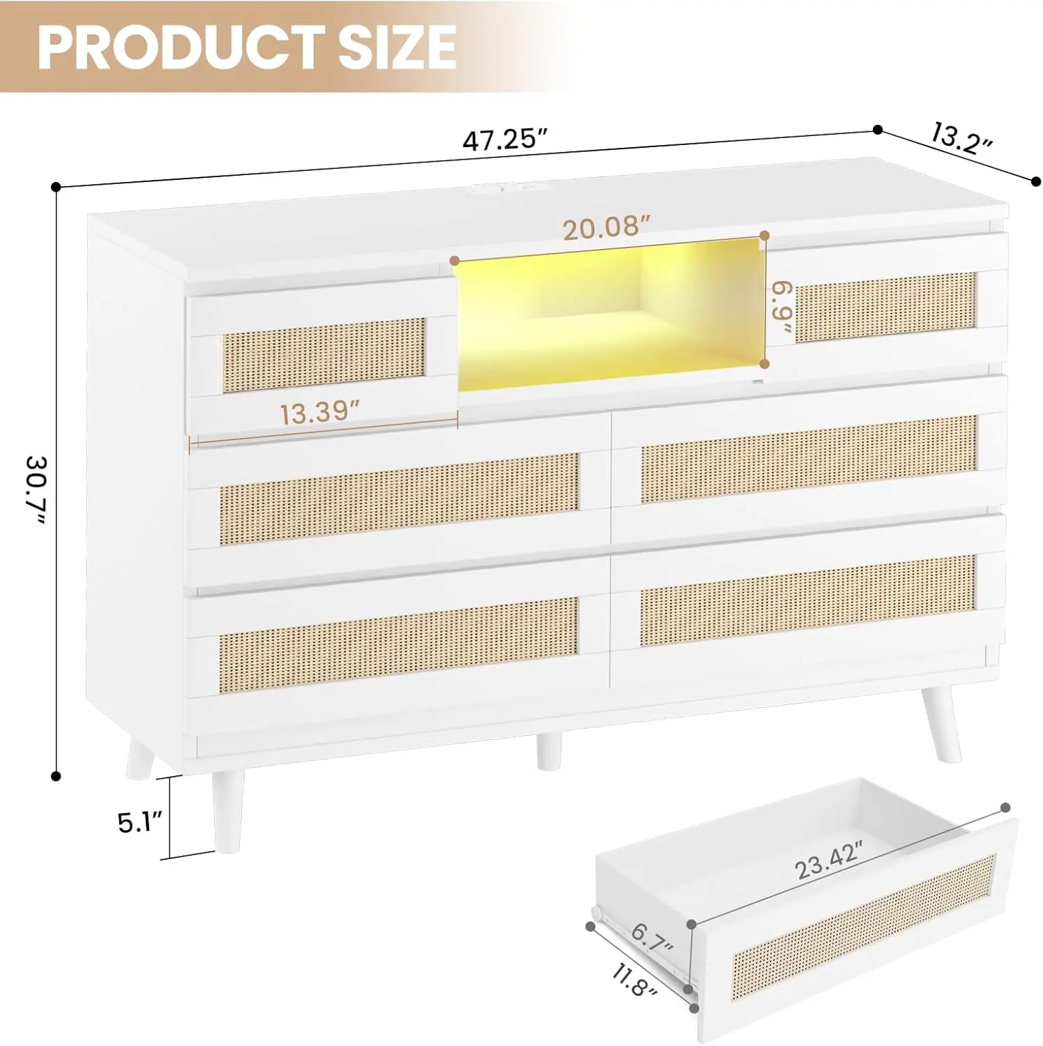 Natural Rattan 6 Drawer Dresser With Rgb Led Lights Charging Station Built In Usb Ac Outlets Stylish Bohemian Wooden Chest Durable Design For Bedroom Living Room Nursery Closet White