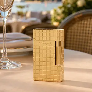 [Classical] DUPONT Square-Grid Engraved Gold Metal Brass Lighter Gift for brithday