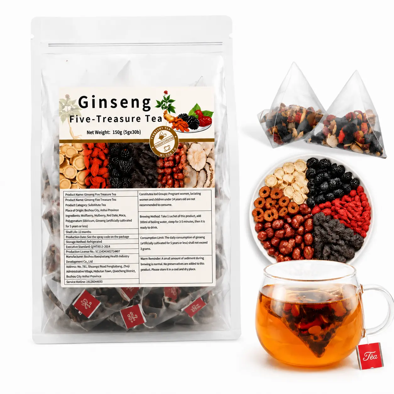 30-Count Organic Ginseng 5-Treasure Kidney Tea Bags, Natural Chinese Kidney Support Herbal Tea, Detox Cleanse Value Pack Ginseng Drink for Men & Women