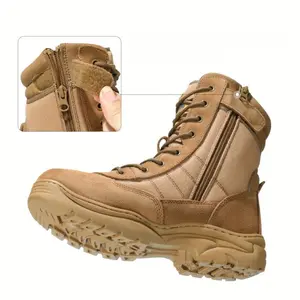 Men's tactical work boots, side zipper leather motorcycle combat shoes, lace walking shoes, men's closed and comfortable rubber foot orthotics work boots