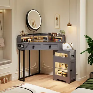 Lvifur Corner Vanity with Mirror and Lights,Modern Makeup Vanity Set with Charging Station for Bedroom/Cloakroom,Glass Top Vanity Table with Drawers and Shelves