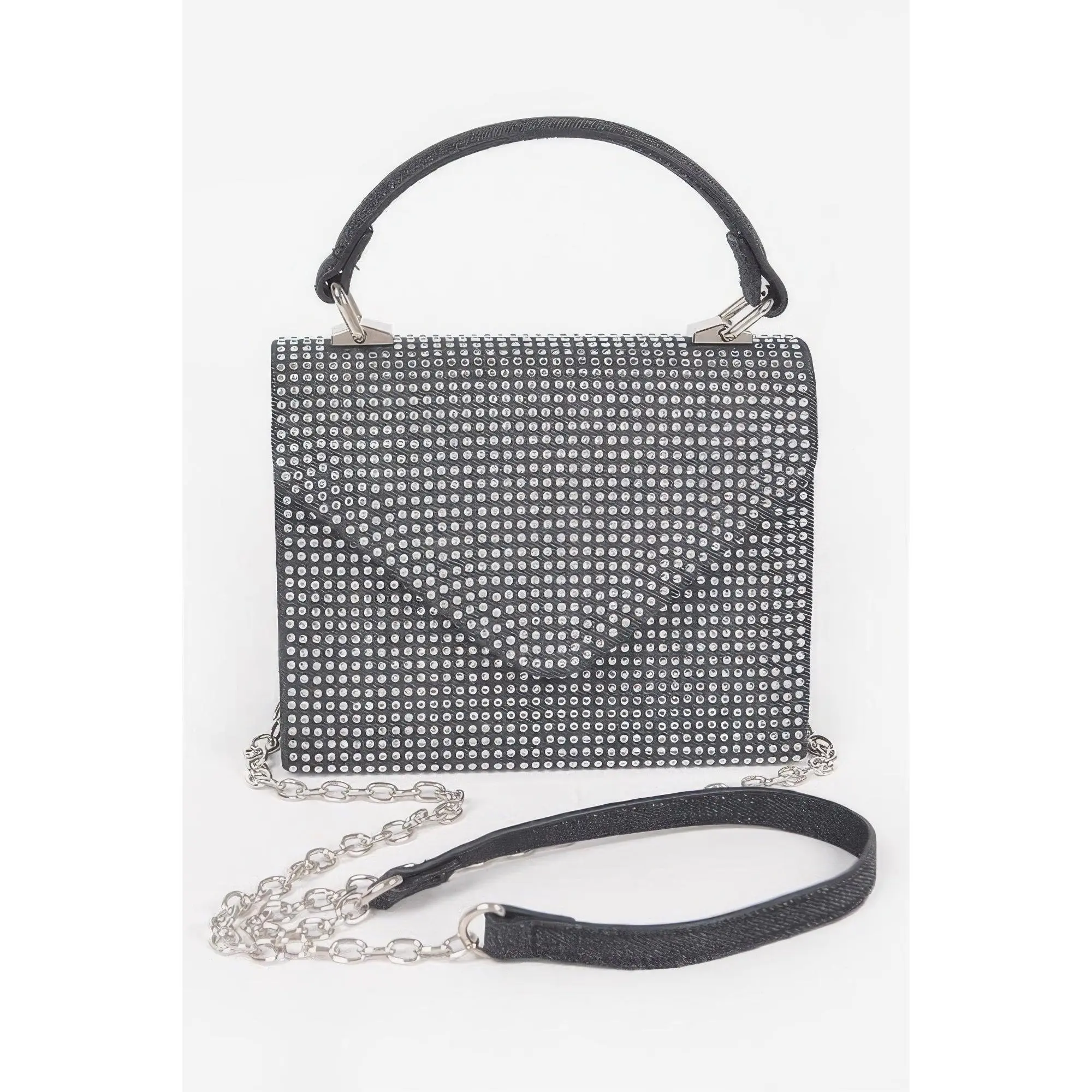 Women's Structured Boxy Denim Top Handle Bag - Rhinestone and Mixed Metal Embellished Purse for Parties, Daytime Events