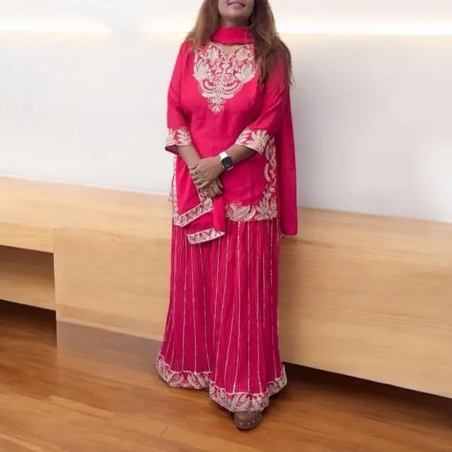 Chinnon Fabric Party Wear Divider Set with Short Kurti Tops for Women - Formal Style, Purple Color, White Embroidery Details - Womenswear Asian Suits