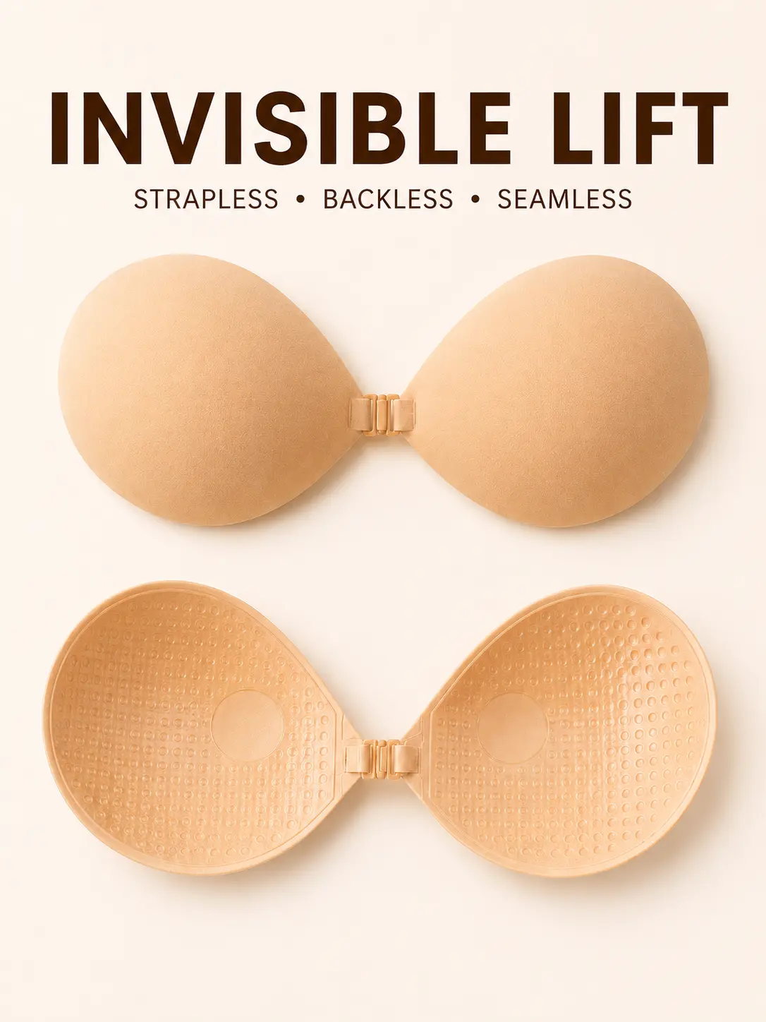 Adhesive Sticky Bra Women Strapless Silicone Push Up Bra Invisible Backless Bra with Front Closure – Reusable Waterproof No Show Bra for Wedding Dress & Daily Use Outfit Smooth