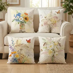 Watercolor Dried Wildflower & Butterfly Decorative Throw Pillow Covers Set of 4, Flower Botanical Porch Outdoor Pillowcase, Family is Everything Sofa Couch Cushion Case Home Decor 0201YD
