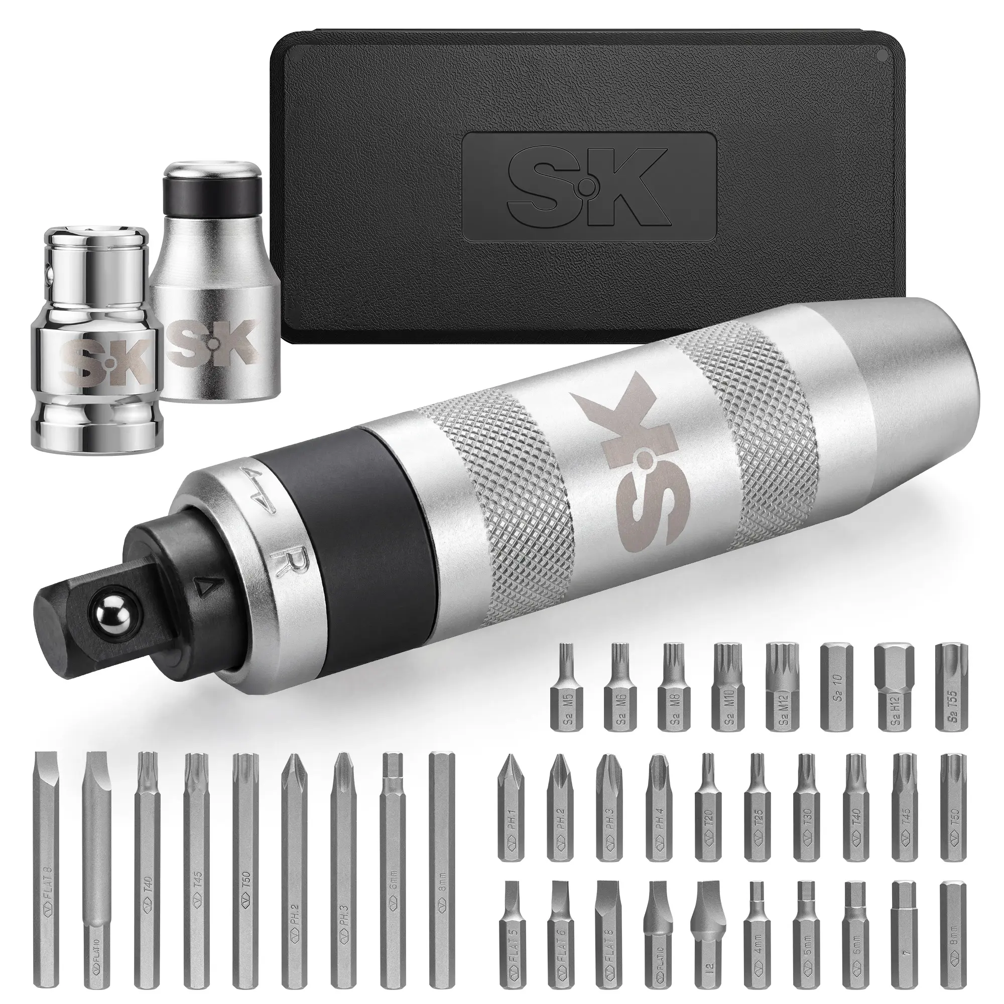 SK 1/2'' Manual Impact Driver Set, 40-Pack Reversible Impact Screwdriver, Heavy Duty, 3/8''&5/16'' Bit Holders, S2 and CR-V Bits, Phillips, Slotted, Hex, Torx and Spline Bits, Storage Case