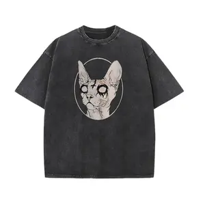 Vintage Washed Black Unisex T-Shirt – Creepy Sphynx Cat Graphic, Oversized Fit for Outdoor Streetwear & Gothic Aesthetic