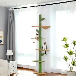 Cat Tree 5-Tier Floor to Ceiling Cat Tower Cactus Tall Climbing Tree with Scratching Post Hammock Dangling Ball for Indoor Cats