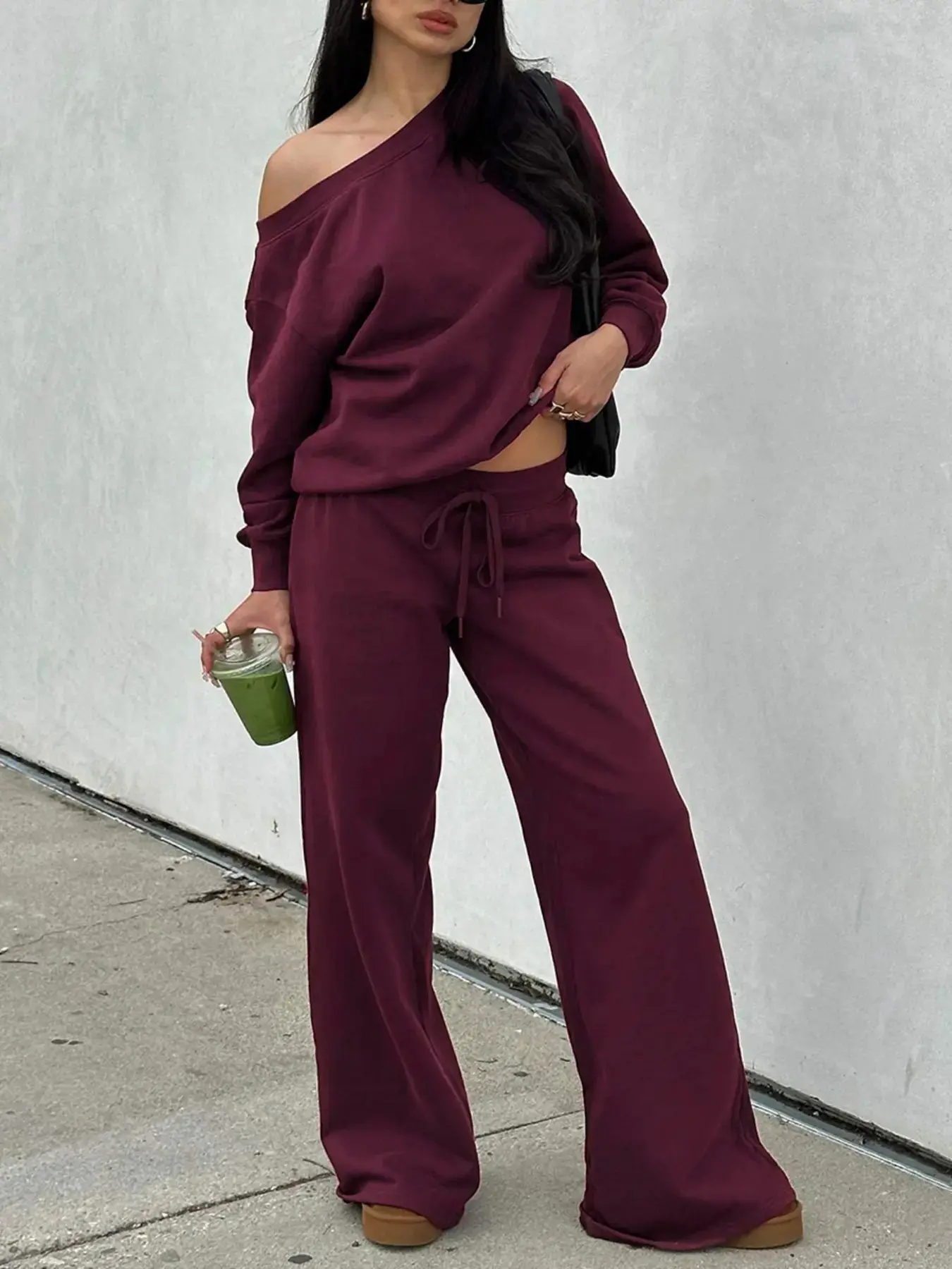 Women's Off the Shoulder Long Sleeve Jumper & Pants, 2 Piece Set Casual Fall Basic Sweatsuit Outfits, Jumper Suit, Womenswear, Sweatshirt, Clothes, Lady