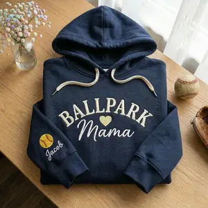 Embroidered Ballpark Mama Hoodie with Son/Daughter Names on Sleeve, Personalized Baseball Softball Mom, Game Day Shirt