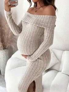 Maternity Off Shoulder Long Sleeve Dress with Side Slit, Comfortable Stretch Design for Casual Pregnancy Wear