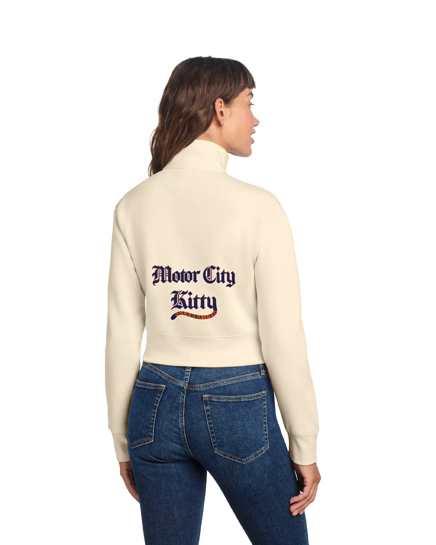 Motor City Kitty Tail Swoosh Women's 1/2 Zip Crop Sweatshirt - Ivory