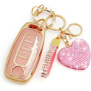 4 Button Key Fob Cover with Diamond, Compatible with Nissan Rogue Pathfinder Versa Kicks Ariya Sentra etc, Sparkling TPU Key Case and Bling Heart Decoration for Women, A-Style (Pink)