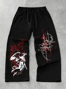 Men's Gothic Pattern Print Drawstring Waist Pants, Casual Comfortable Running Shorts, Classic Versatile Sports Sweatpants, Outdoor Workout Sweatpants for Fall & Winter