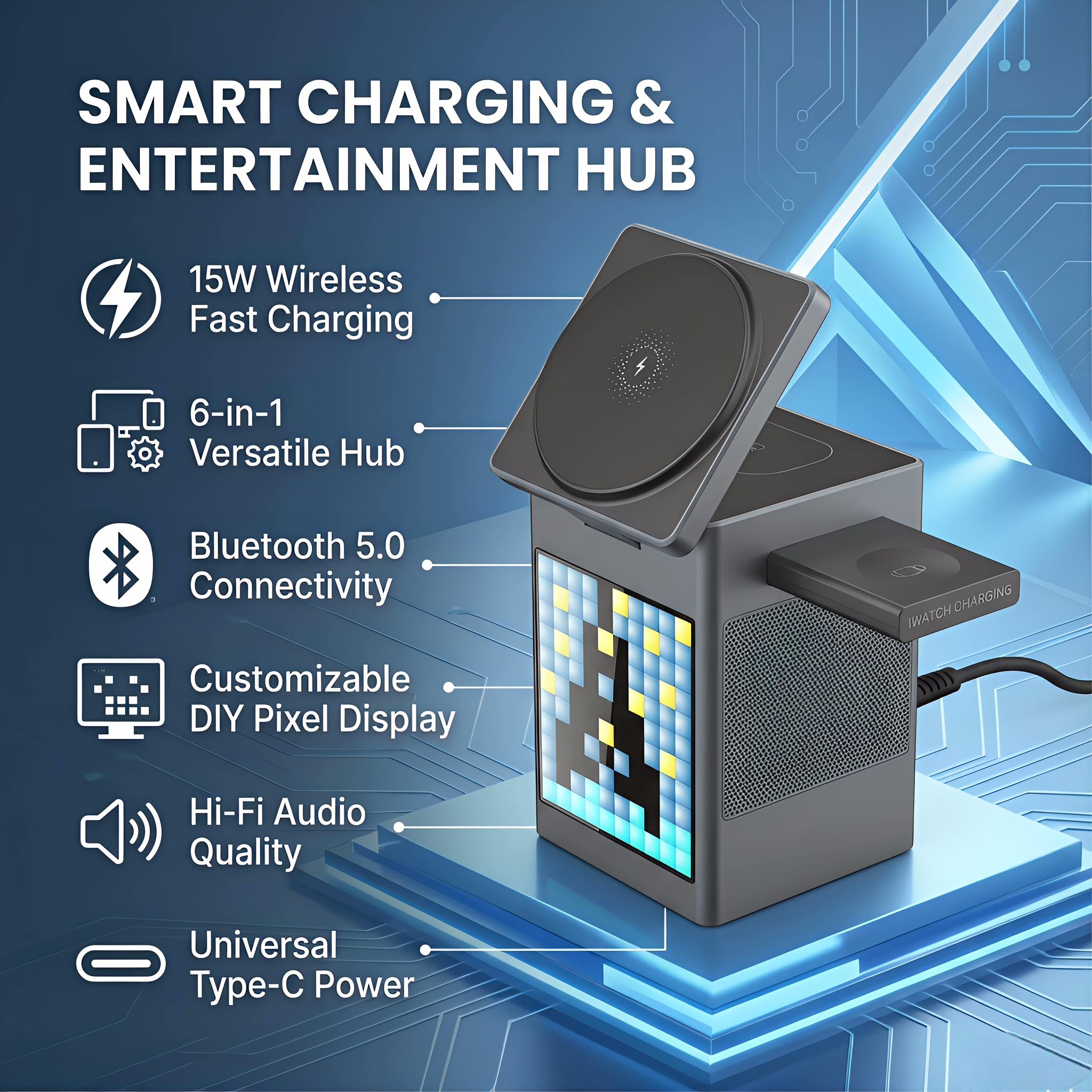 6-in-1 MagSafe-Compatible Magnetic Charger | with Clock & Pixel Display | Multi-Device Desktop Charging Station | Smart Travel Companion for March Madness, Spring Break, World Cup & Easter