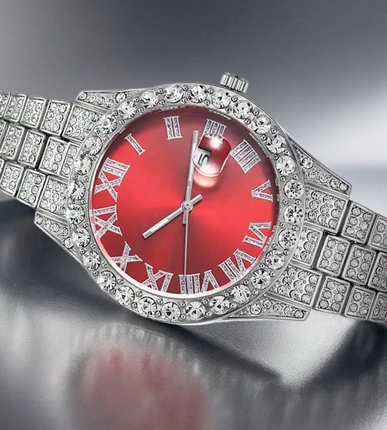 MaxBling81 Luxury Fashion Men's Diamond Studded Quartz Analog Wristwatch - 43mm Round Shape, Red Dial, Waterproof, Crystal Encrusted, Masculine Design Silver-Plated Metal Watch, Diamond Studded Watch, Crystal Encrusted Quartz Watches