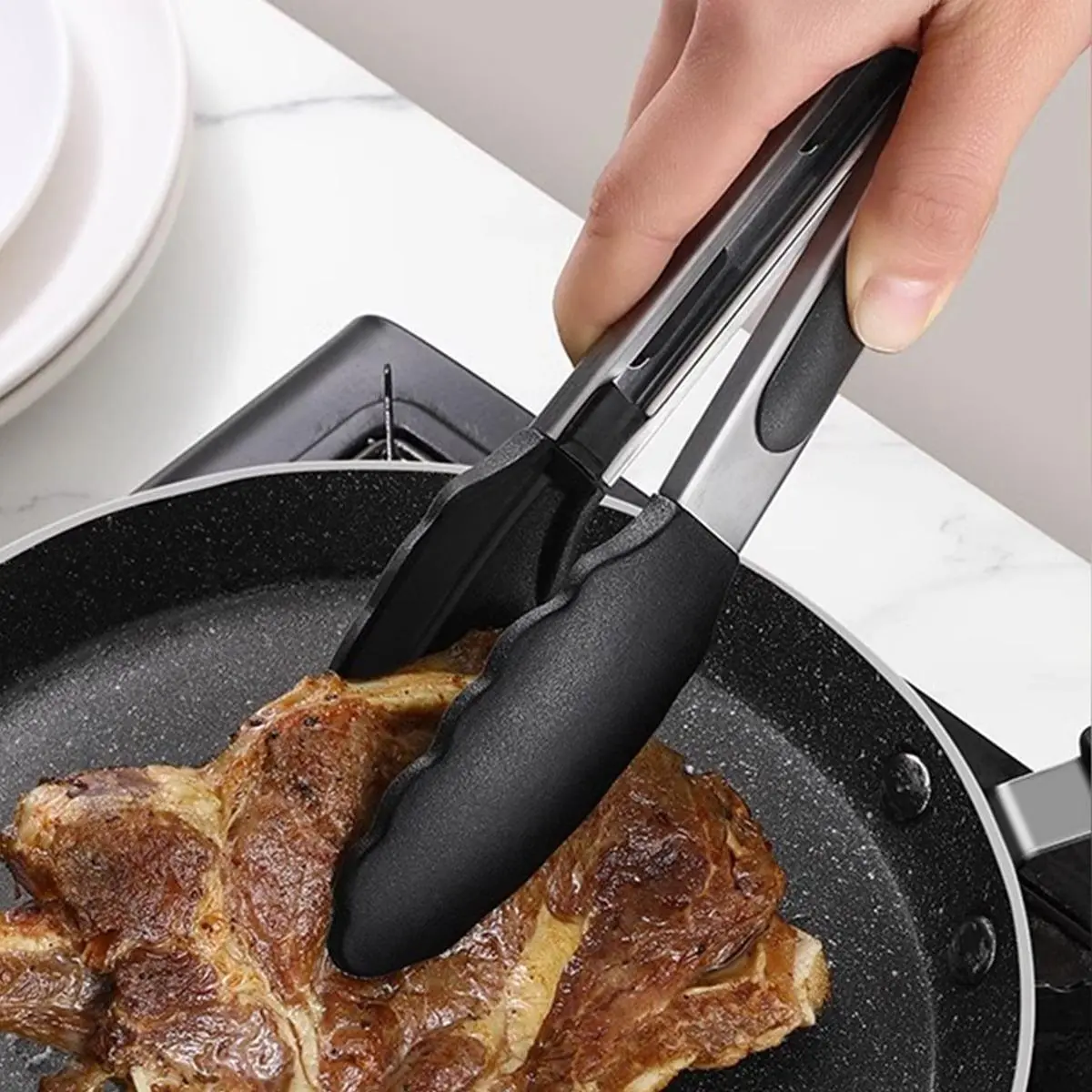 1 Piece Kitchen Tongs, Premium Stainless Steel Barbecue Tongs with Non-stick Coating And Heat-resistant Handle, For Cooking, Serving, Grilling, Barbecue Utensils, Barbecue Accessories, Bbq Tools