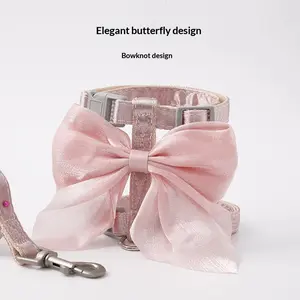 Anti-Escape Cat Leash & Harness Shiny Bow Cat Walking Lead with Glitter Strap Elegant Butterfly Design Bowknot Design