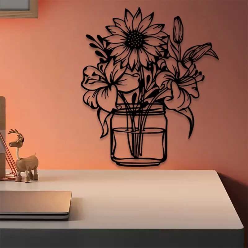 1pc Sunflower Vase Metal Wall Art, Sculptural Statue Mural, Perfect for Bedroom Wall, Living Room Wall, Dining Room Wall, Floral Decor, Ideal Gift for Home Decor, Hanging Metal, Decoration