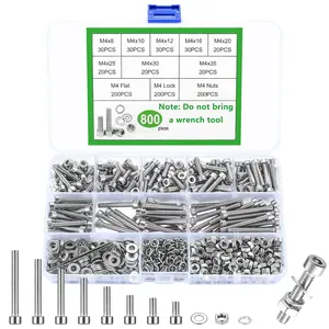 800pcs M4 Screws Set, Hexagonal Screws Nuts Set, Stainless Steel Cylinder Screws Hexagon Socket Screws Hex Cap Screws with Nuts and Washers Set, Machine Screws Thread Screws Assortment