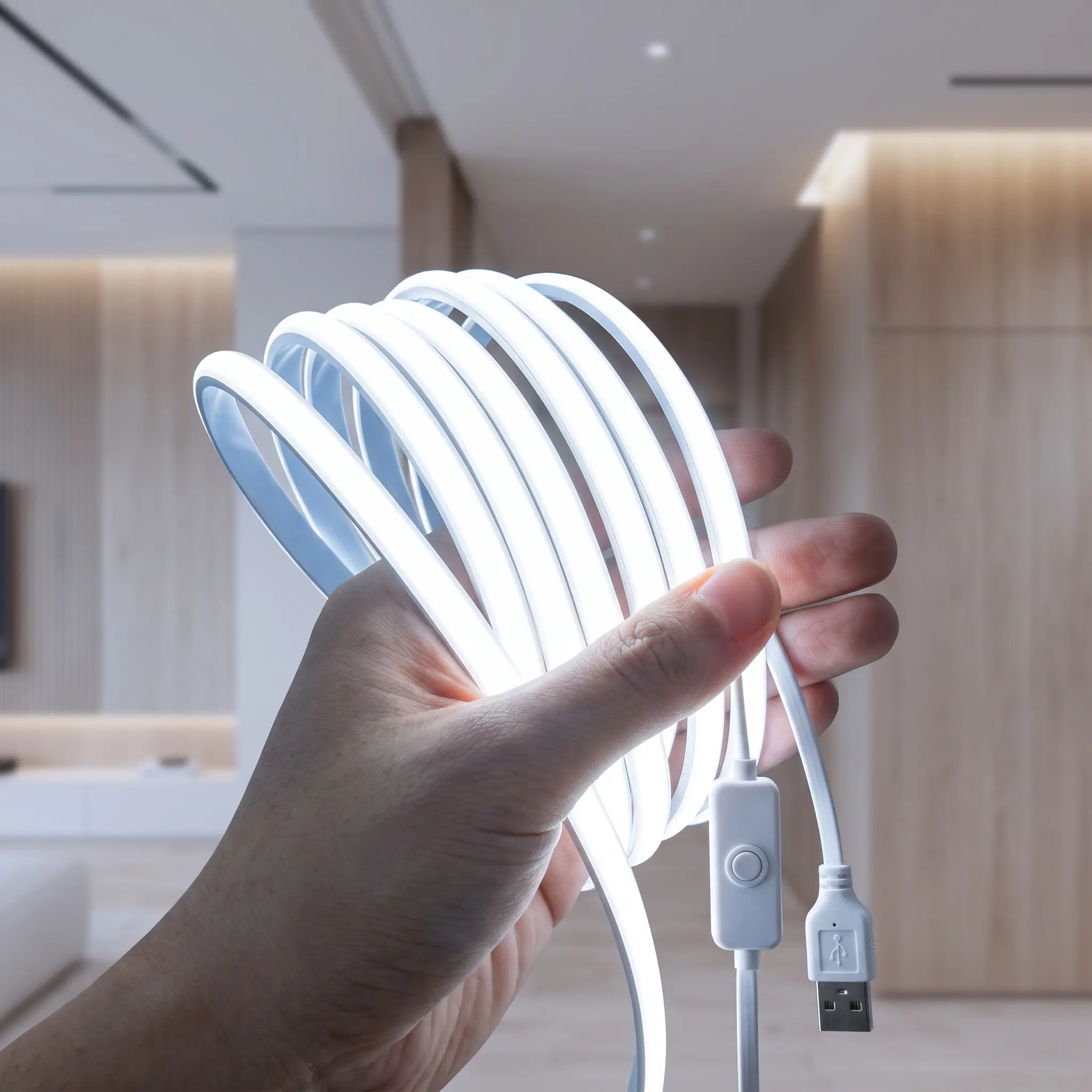 COB LED Strip Lights, Dotless Pure White USB 5V Powered LED Tape Light with On/Off Switch, Cuttable Flexible Self-Adhesive Strip for Under Cabinet Kitchen Counter Closet Bookshelf 9.8ft/16.4ft