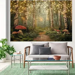 2D Flat, 1pc 2D Enchanted Forest Theme Backdrop with Birch Trees, Pathway, and Mushrooms - Ideal for Photography and Event Decor -Suitable for Prop Party Decoration Background-Banners Are Suitable