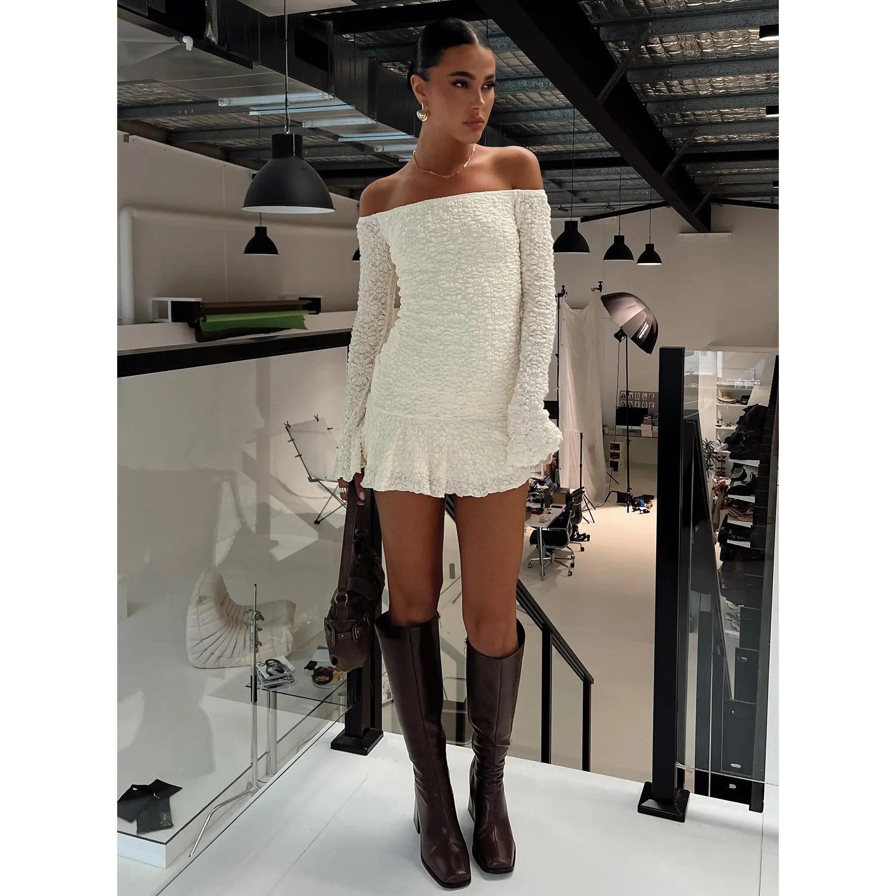 Vancesca Off Shoulder Long Sleeve Mini Dress Cream - TikTok Shop