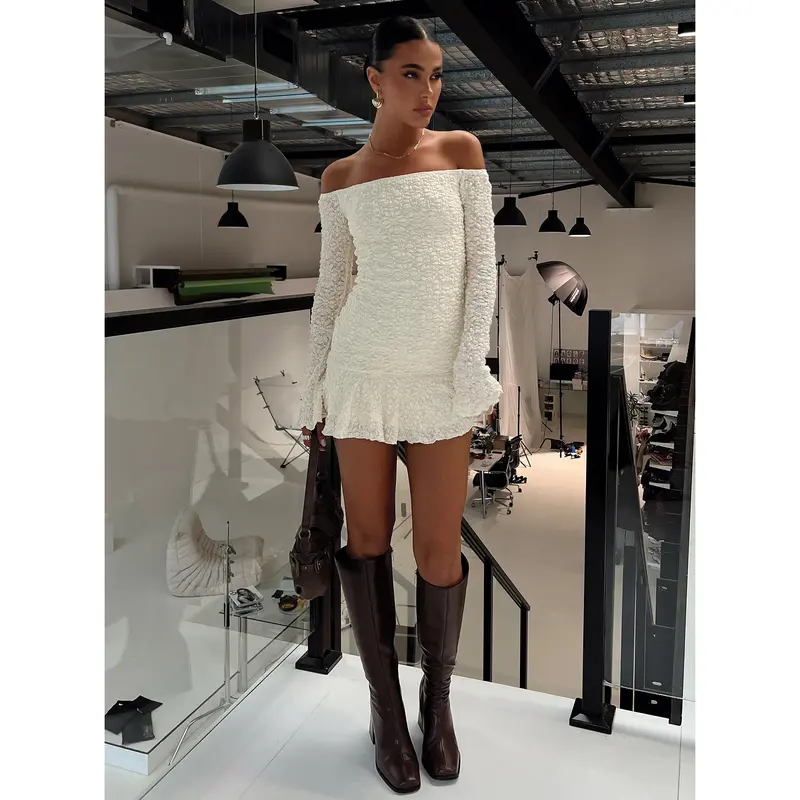Long Sleeve Mini Dress Off The Shoulder Cream Dress Edikted Womens Eve Off  Shoulder Knit Mini