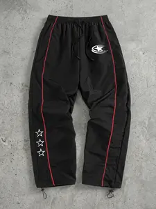 Men's Stars Print Trendy Sporty Pants with Lines, Gym Workout Running Trousers with Side Pockets, Athletic Quick Dry Breathable Sweatpants, Drawstring Elastic Waist, Adjustable Cuffs