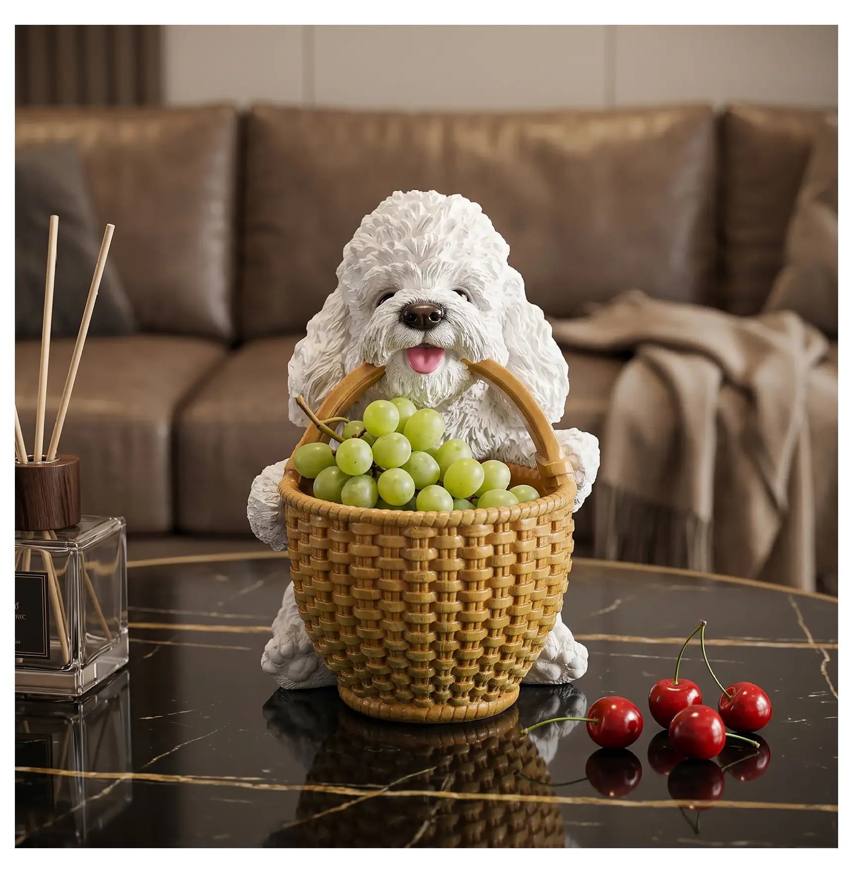 White Poodle Dog Statue with Basket, Resin Puppy Figurine Key Holder, Cute Animal Sculpture Gift Yellow+White + Resin