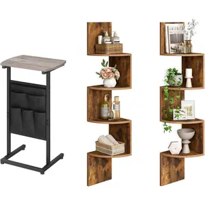 Corner Shelf Wall-Mounted and C Shaped End Table, Set of 2 Floating Corner Shelves for Wall, 28.3" Small Side Table for Couch, Sofa Table with Storage Bag, BF25BJP201-BG40SF01