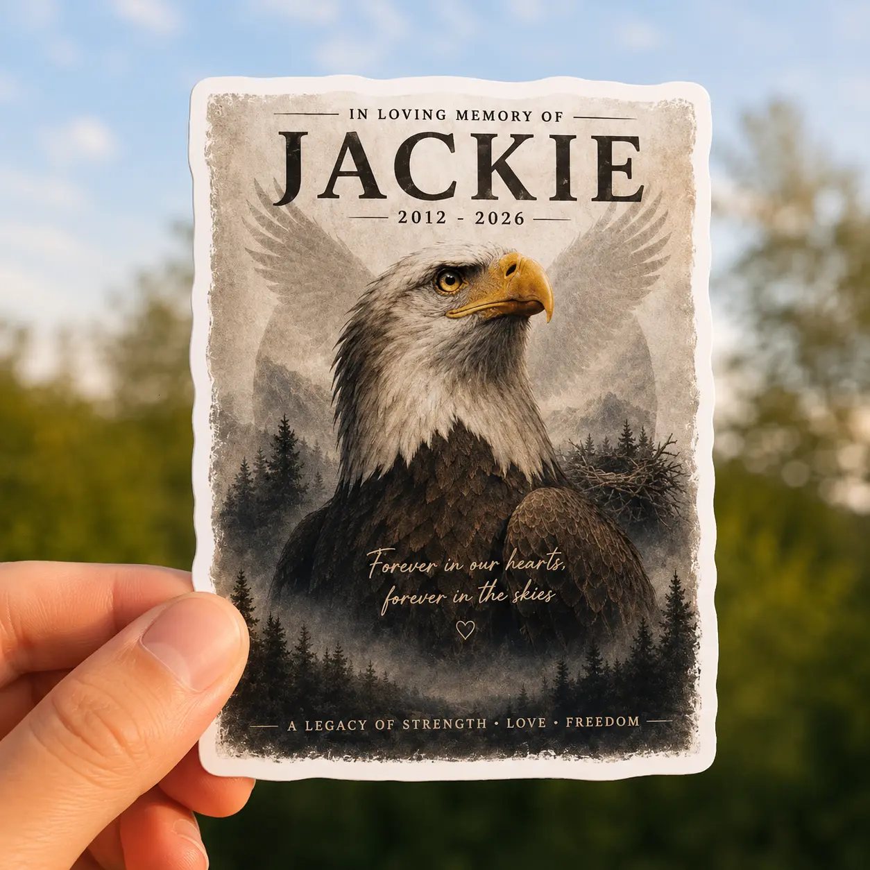 Jackie Memorial Sticker, Bald Eagle Tribute Sticker, In Loving Memory Eagle Sticker, Wildlife Memorial Gift, Eagle Lover Keepsake