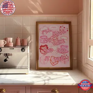 Cute Girly Kitchen Decor: Retro Pink Red Quote Cake Poster, Coquette Art Trendy for Apartment, Kitsch Dopamine Wall Art Download