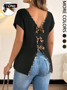 Women's Double V-Neck Short Sleeve T-Shirt, Leopard Contrast Binding, Back Slit with Bow Accents, High Stretch Knit Fabric, Daily Casual Commute Date Weekend Outing Wear, Breathable Skin-Friendly, Elegant Casual Chic Style