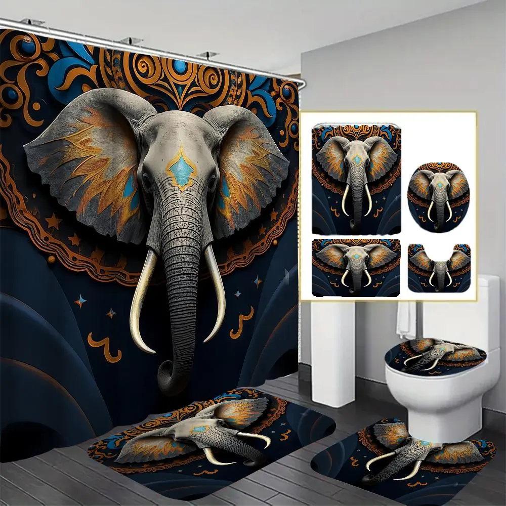Elephant Pattern Bathroom Decoration Accessories Set, 2/4 Counts/set Including Shower Curtain & Toilet Lid Cover & Mat, Bathroom Accessories for Home Decor