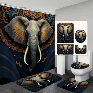 Elephant Pattern Bathroom Decoration Accessories Set, 2/4 Counts/set Including Shower Curtain & Toilet Lid Cover & Mat, Bathroom Accessories for Home Decor