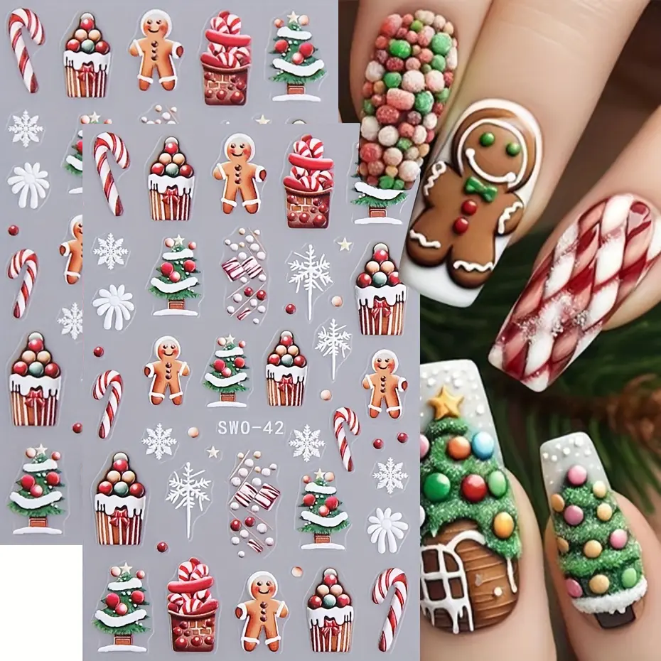 1pc Gingerbread Man 3D Self-Adhesive Nail Art Stickers, Single Item Decals for Festive Manicures (Beauty & Personal Care Nail Art Decoration Accessory), Christmas Gingerbread, Not Applicable diy gift, Sheet