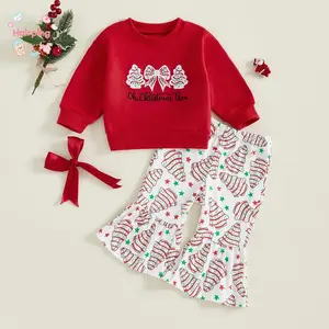 Toddler Little Girl Christmas Outfit, Bow Tree Applique Crewneck Sweatshirt and Flare Pants, 2 Piece Winter Fall Set, Casual Baby Girls Set
