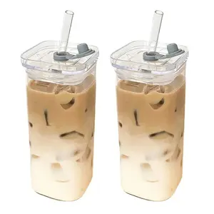 Square Heat Resistant Coffee Glass Cup With Lid and Straw Transparent Milk Tea Juice Cups Coffee Mug For Home Bar Drinkware Tumblers Bottles