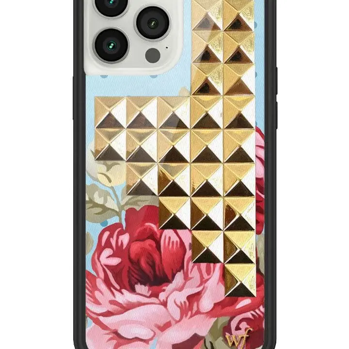 Blue Floral Studs | Limited Edition Trendy iPhone Case | Raised Protective Black Bumper | Women Owned Small Business | Vibrant Pretty Pink Rose Baby Blue Background Shiny Golden Studs | Safety Casing Protective | Gift for Her