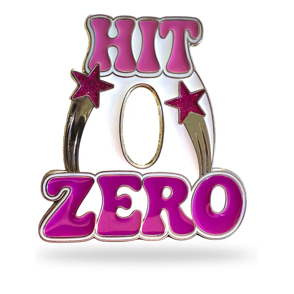 HIT ZERO Enamel Cheer Pin - 2" x 1.9" Hard Enamel with Purple Lettering & Glitter Stars on Shiny Silver Base for Cheer Bags & Jackets