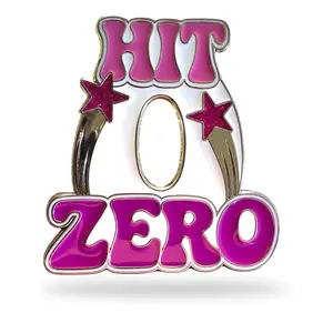 HIT ZERO Enamel Cheer Pin - 2" x 1.9" Hard Enamel with Purple Lettering & Glitter Stars on Shiny Silver Base for Cheer Bags & Jackets
