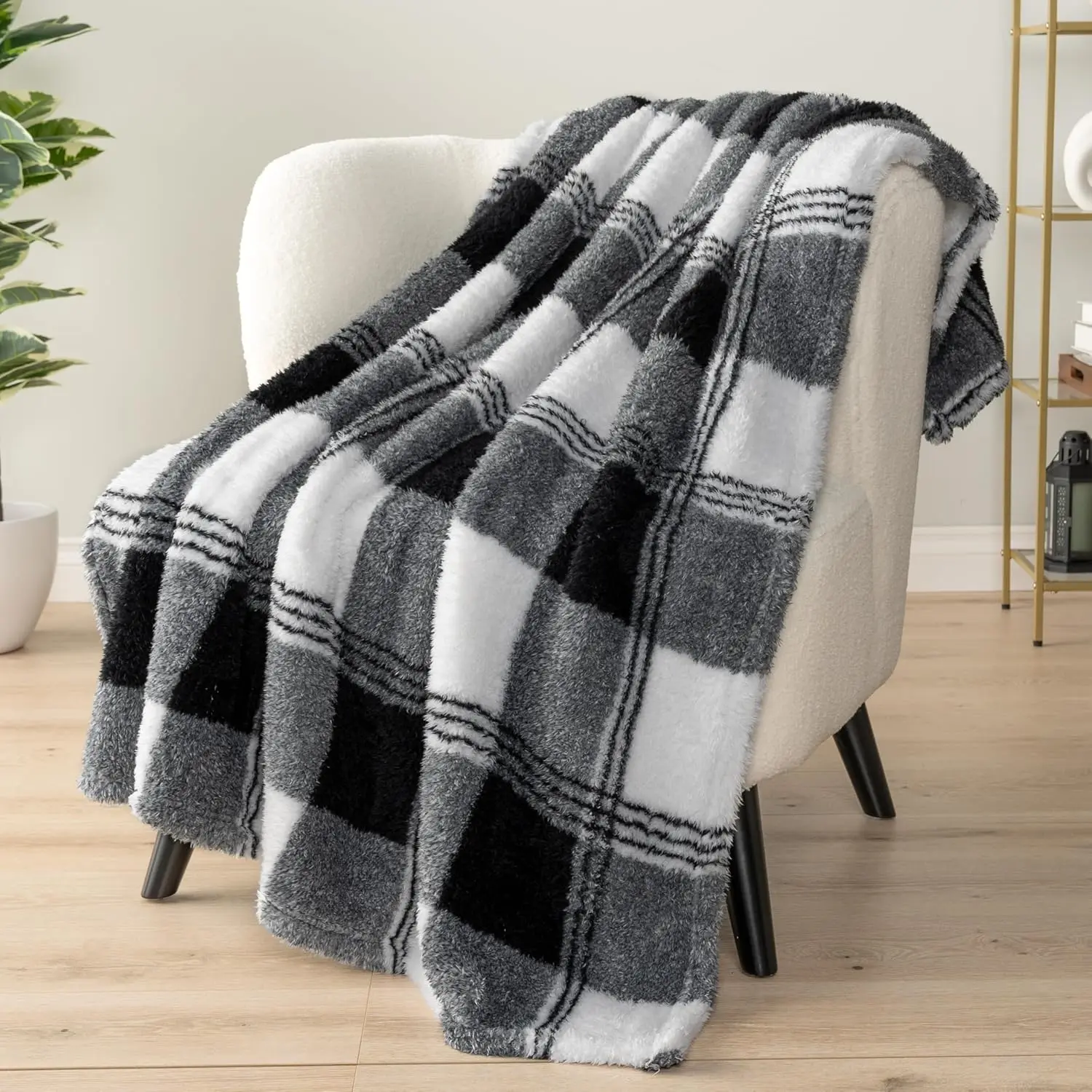 Sherpa Throw for Couch Sofa, White Black Fluffy Warm Plush for, Super Lightweight Throw, Fuzzy Decorative,, 50x60
