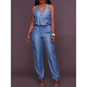 Zipper Front Elastic Band Waist Denim Jumsuit, Non Sleeve Bloomer Legs Denim Overalls, Women's Denim & Clothing