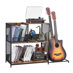 Summervibes VEVOR 3-Tier Record Player Stand with Guitar Holder, Turntable Stand with Storage Holds Up to 300 Albums, Vinyl Record Cabinet with Metal Mesh Frame for Living Room, Bedroom, Black
