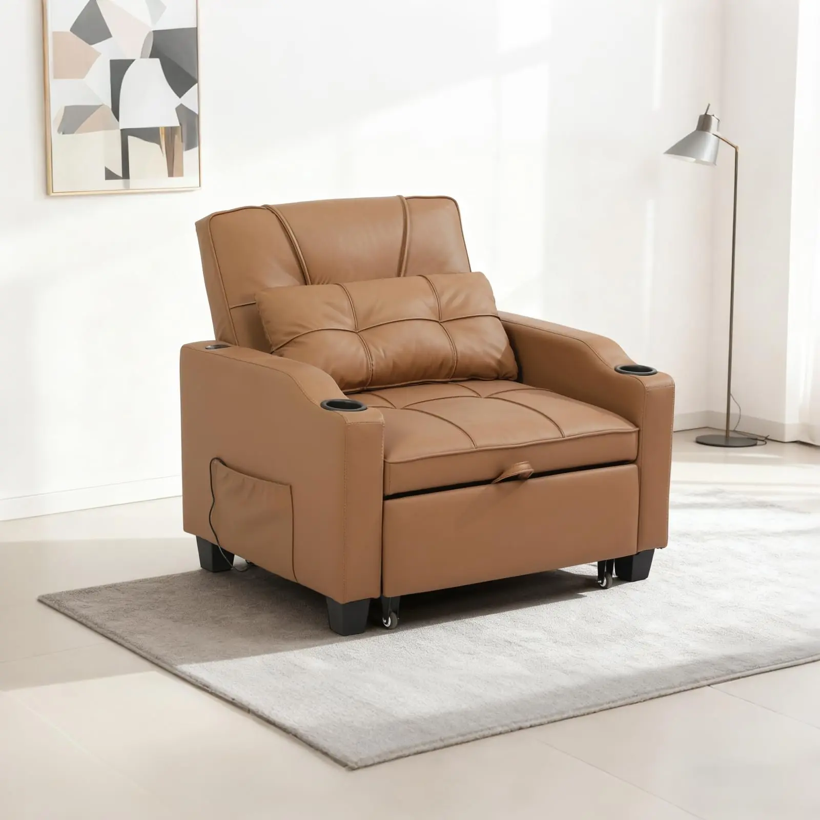 4-in-1 Convertible Sleeper Chair Bed – Pull-Out Sofa Recliner for Small Living Room – Massage Lumbar, USB/Type-C, Cup Holders, Side Pocket