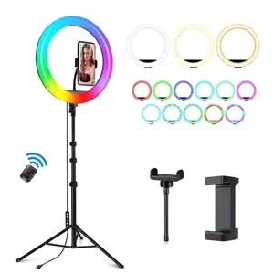 12'' RGB selfie ring light with a 65'' tripod and phone holder. Ideal for streaming, makeup, and TikTok
