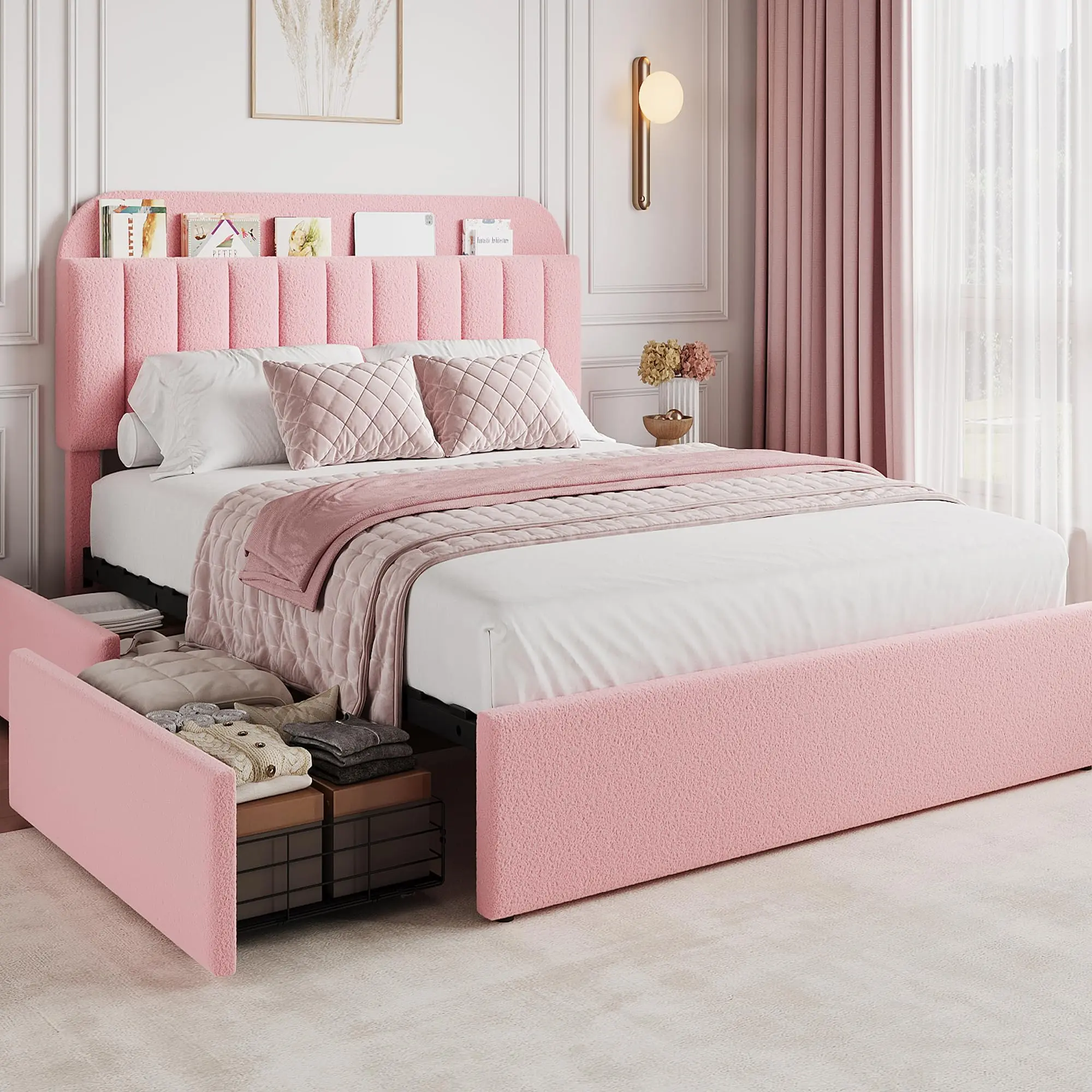 Pink Full Bed Frame with Storage Headboard,Girls Bed Frame with 2 Drawers,Boucle Upholstered Platform Bed with Bookcase,No Box Spring Needed,Easy Assembly