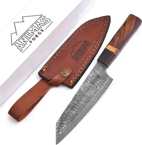 Animas Forge Damascus Chef Knife 7 Inch Blade Lightweight 7 oz  Kitchen Utility Knife Layered High Carbon Damascus Steel Cooking Prep Knife with Leather Sheath Hand Forged Style Gift Requires Care