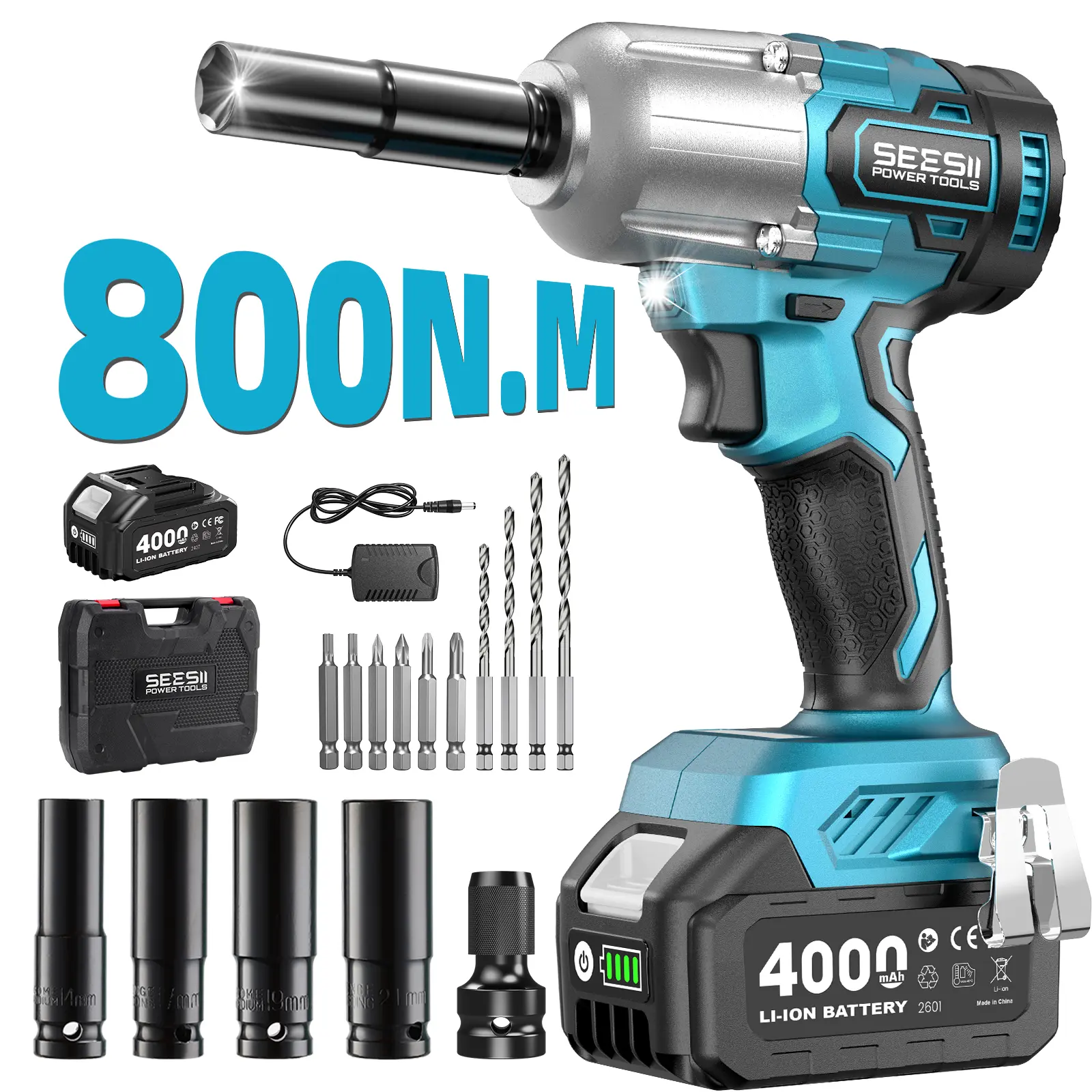 SEESII Impact Wrench WH650 Pro, 3‑in‑1 Cordless 1/2‑Inch Impact Wrench, 590 Ft‑Lbs (800 N·m), 4.0 Ah Rechargeable Battery, 4 Sockets plus Drill & Screwdriver Bits Kit, Ideal for Tire Changes, Auto Repair, Construction and Household DIY Projects